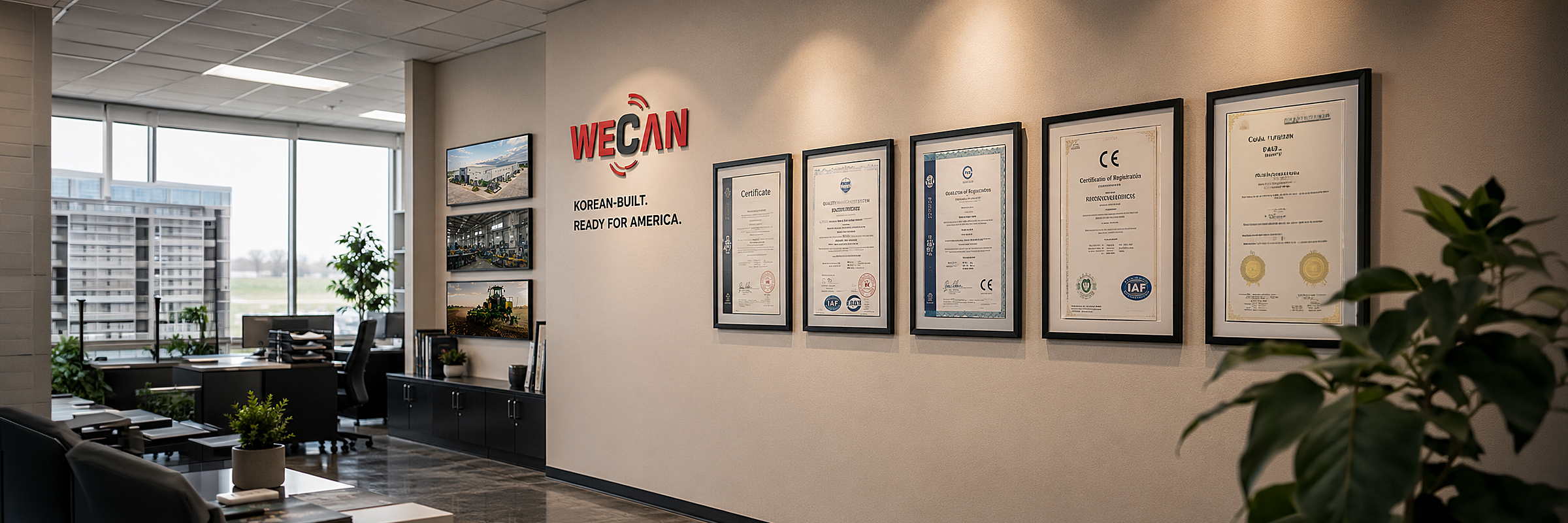 Framed WeCan Global America quality, environmental, and CE certifications