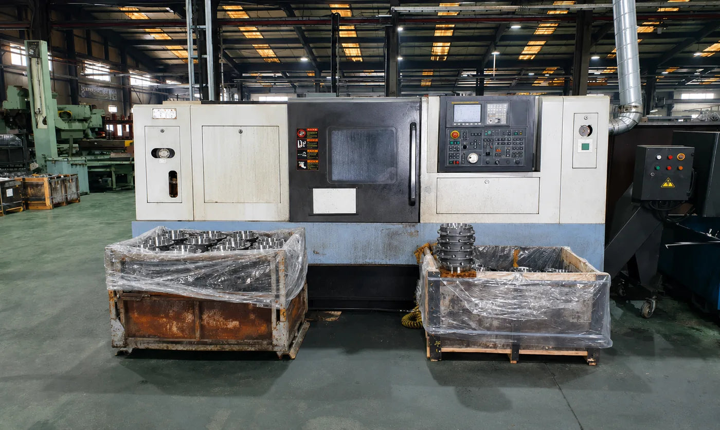 CNC turning center with machined flanges and shafts staged in bins