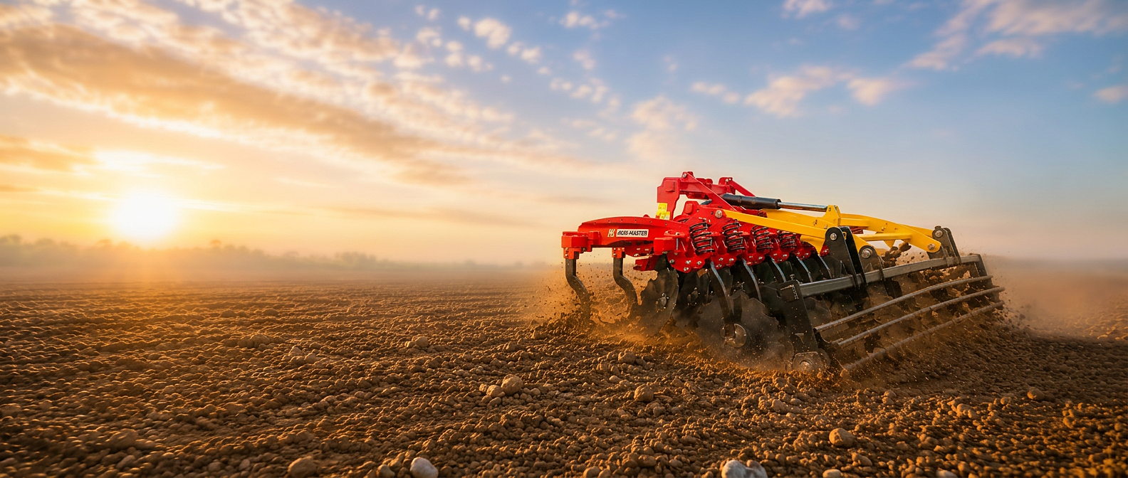 WeCan DSK disc harrow working a field at sunset
