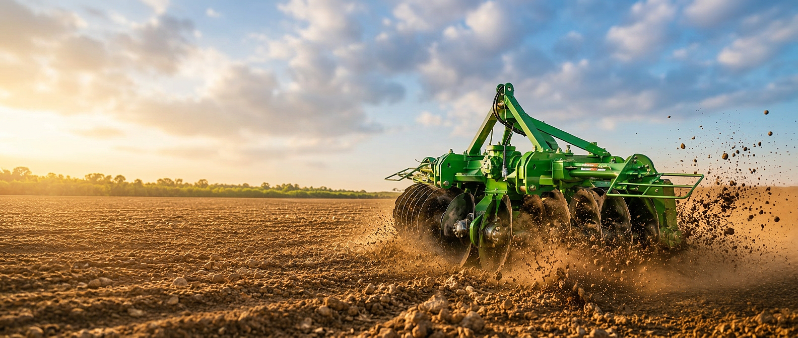 WeCan disc plow turning heavy soil at sunset