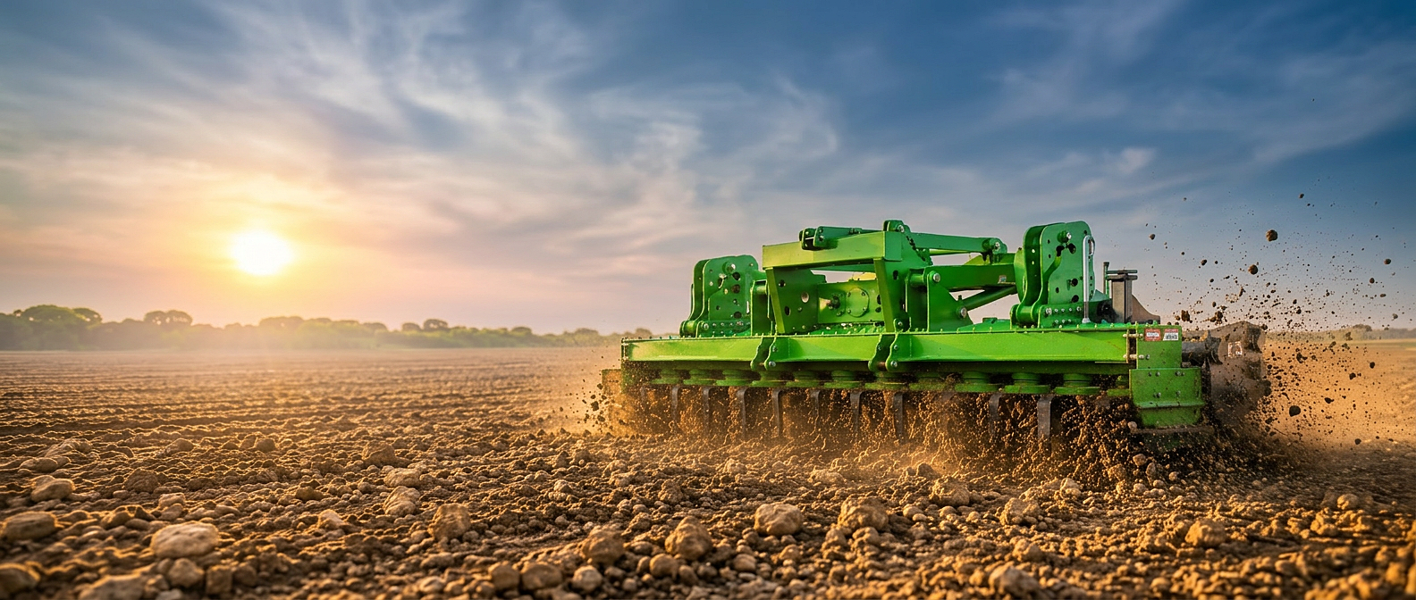 WeCan HR power harrow leveling a seedbed at sunset