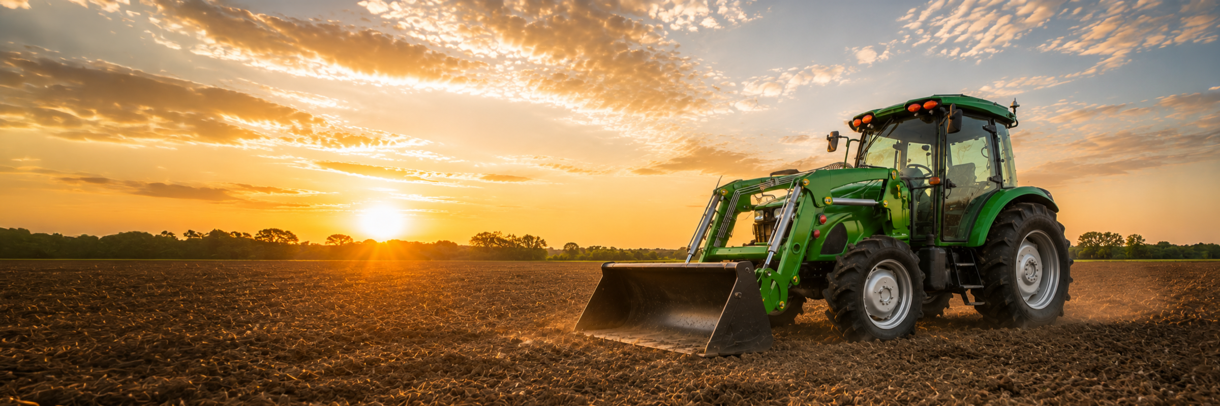 WeCan front loader mounted on a tractor working a field at sunset