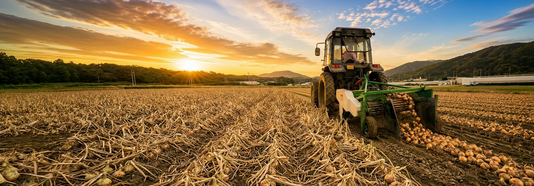 WeCan onion harvester lifting onions at sunset