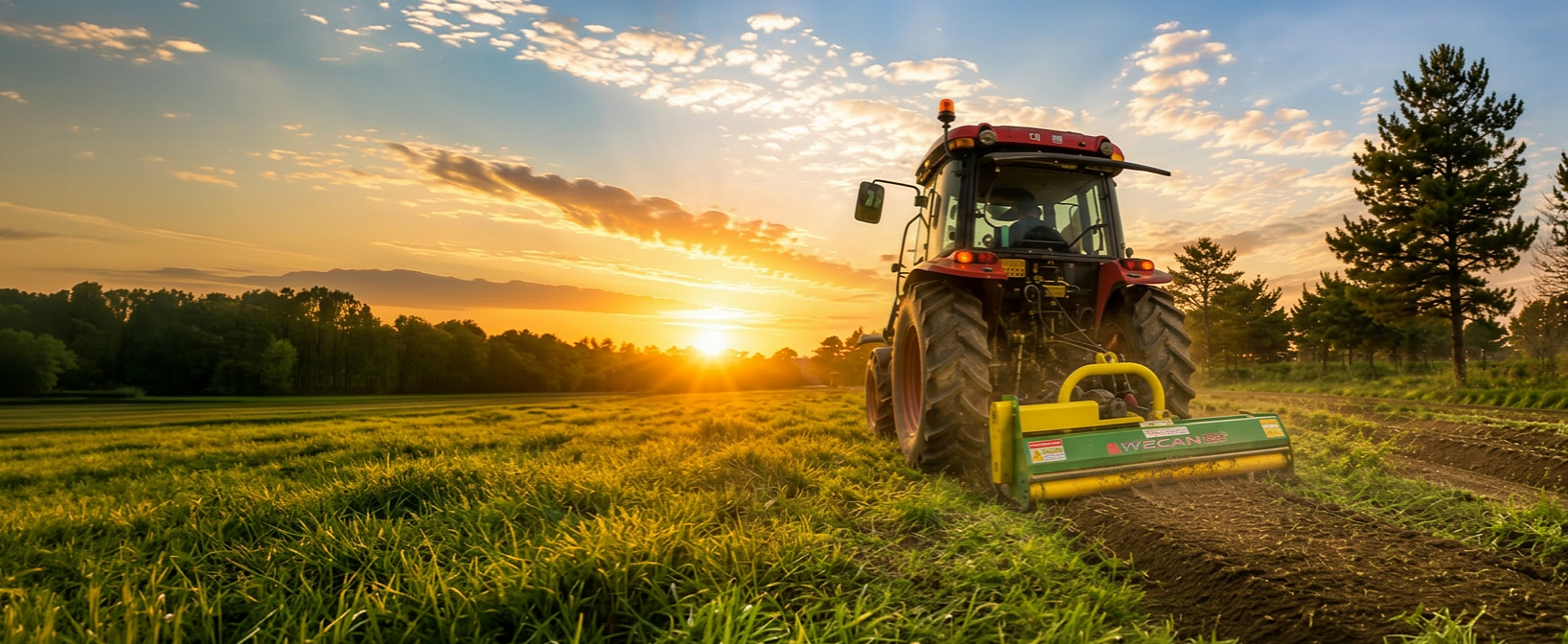 WeCan WGM 1650 flail mower mulching grass at sunset
