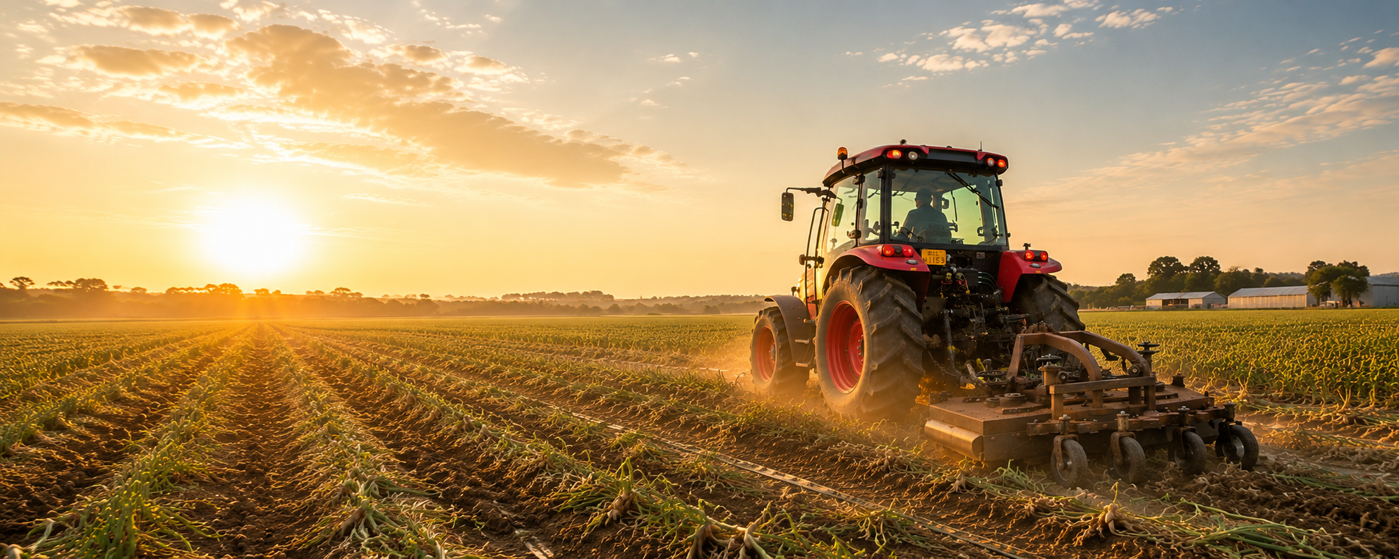 WeCan stem cutter topping onion rows at sunset
