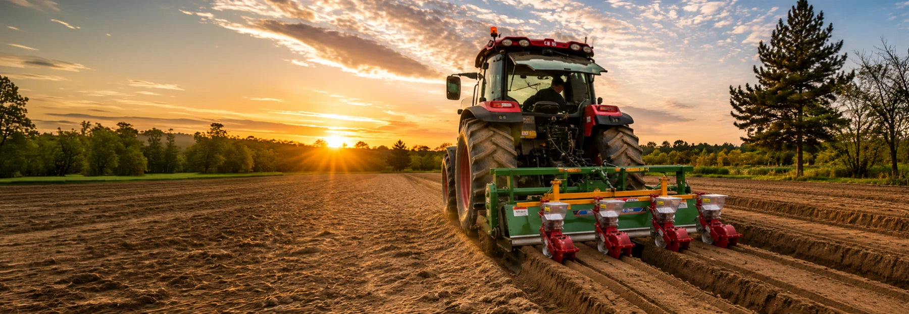 WeCan seeder placing seed across a field at sunset