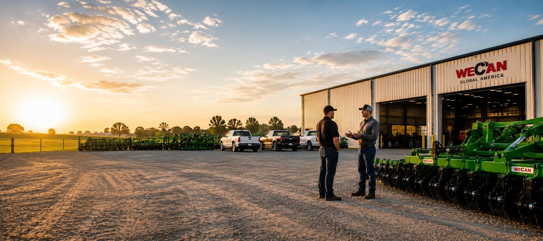 WeCan Global America dealer talking with a partner outside the Houston facility
