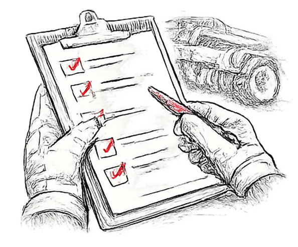 Operator holding a checklist beside a farm implement during a pre-job walk-around inspection.