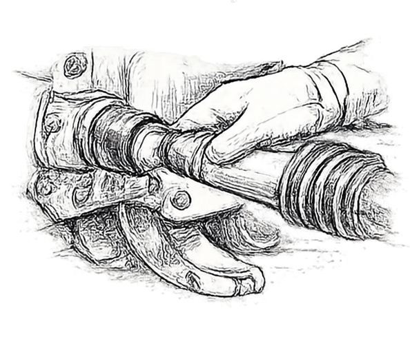 Close inspection of a tractor three-point hitch and PTO driveline connection.
