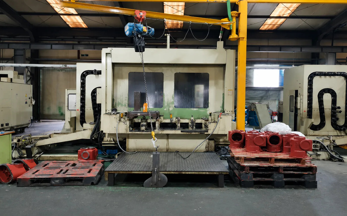 Horizontal machining center and jib crane with pallets of gearbox castings