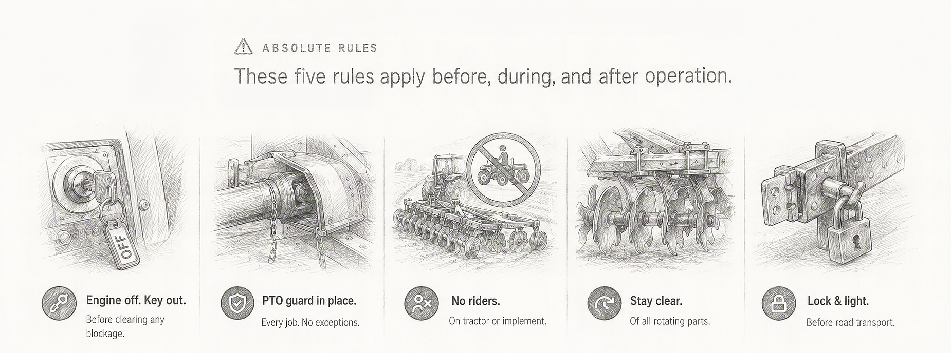 The five absolute safety rules illustrated: engine off and key out, PTO guard in place, no riders, stay clear of rotating parts, and lock and light before road transport.