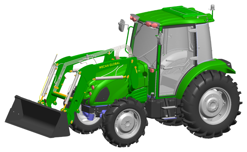WeCan front loader mounted on a tractor, bucket at ground level
